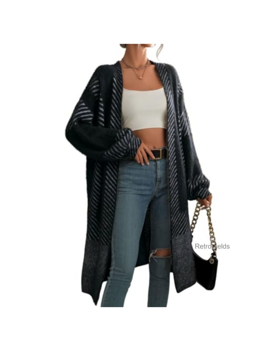 Women's Fuzzy Color Block Long Cardigan Open Front Knit Sweater Coat